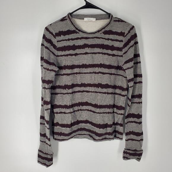 A.L.C. Grey Burgandy Jagged Stripe Cotton Crewneck Sweater S - Picture 1 of 8